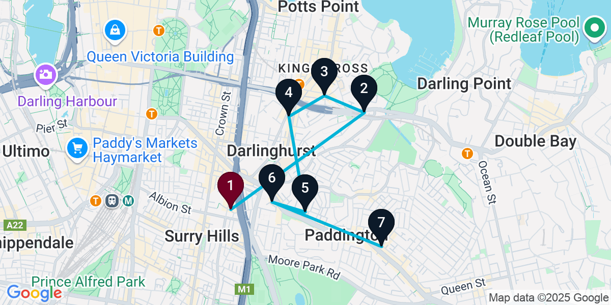 Map for 7-Stop Surry Hills Wine bar Bar Crawl