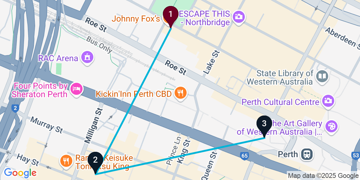 Map for 3-Stop Northbridge Bar Crawl