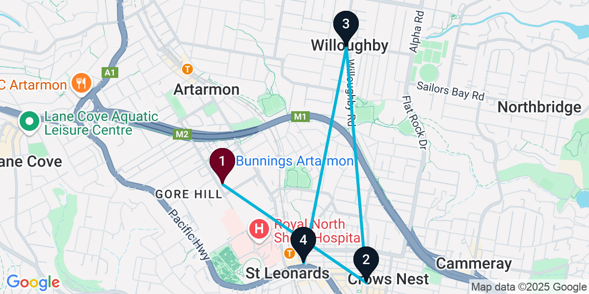Map for 4-Stop Artarmon Cocktail Bar Crawl