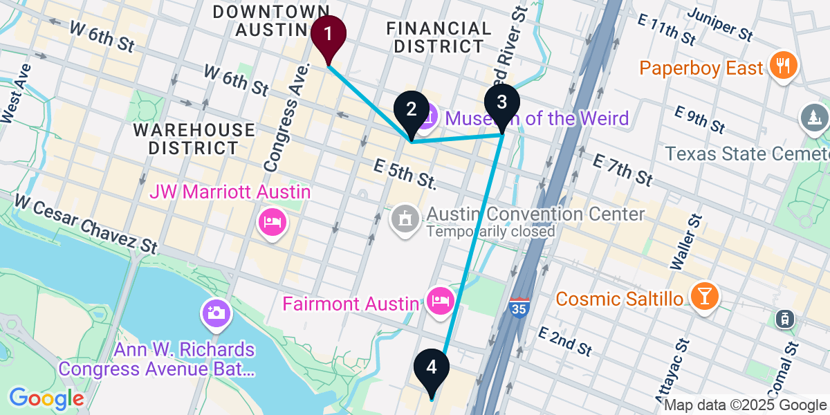 Map for 4-Stop Austin Bar Crawl
