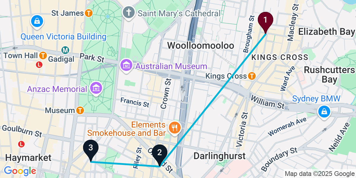 Map for 3-Stop Potts Point Brewery Bar Crawl