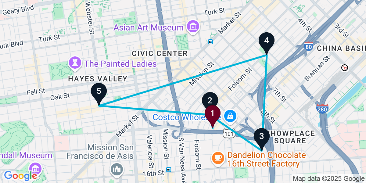 Map for 6-Stop San Francisco Nightclub Bar Crawl