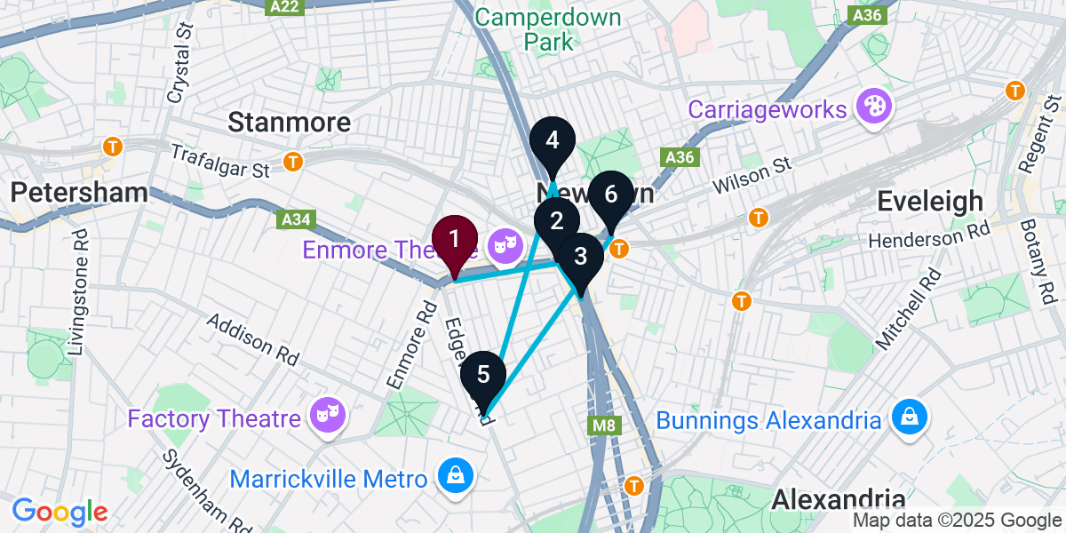 Map for 6-Stop Enmore Cocktail Bar Crawl