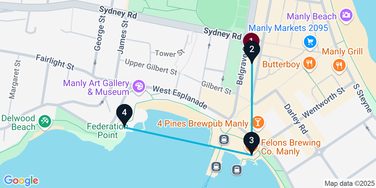Map for 4-Stop Manly Nightclub Bar Crawl