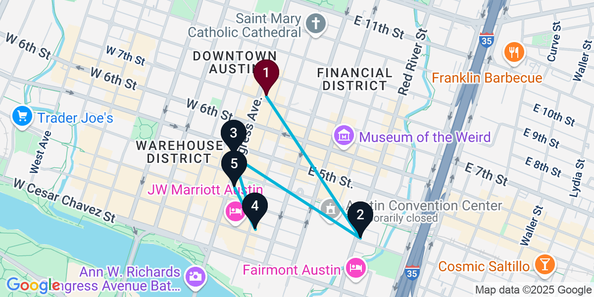 Map for 5-Stop Austin Cocktail Bar Crawl