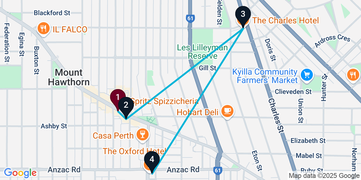 Map for 4-Stop Mount Hawthorn Pub Bar Crawl