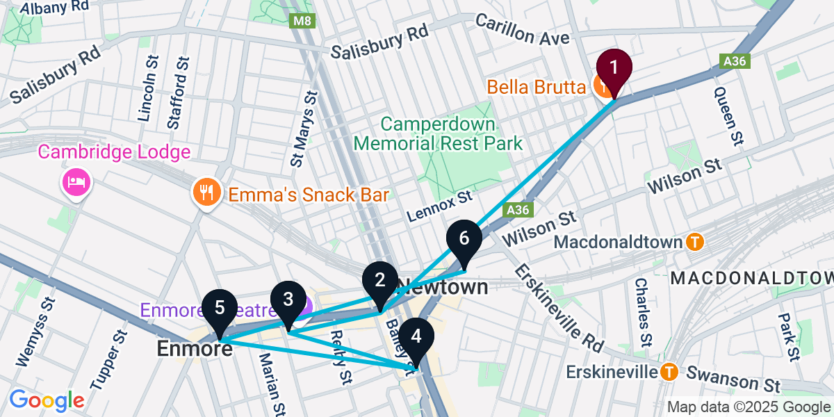 Map for 6-Stop Newtown Bar Crawl