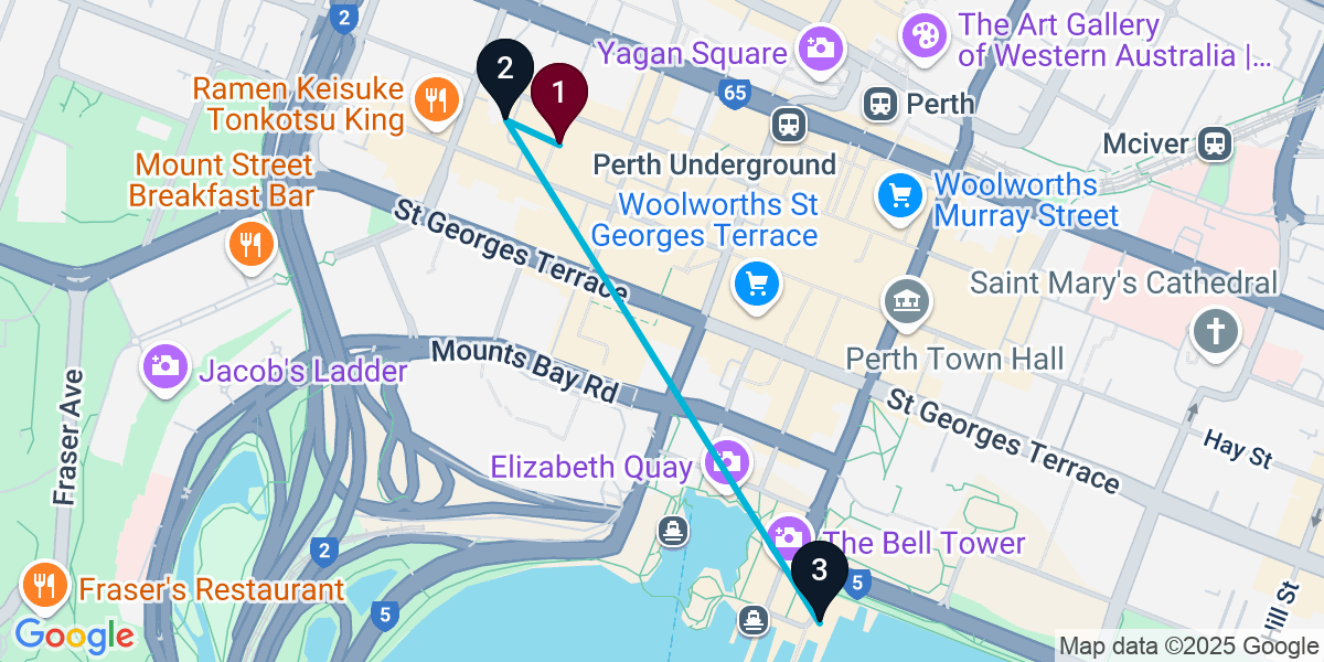 Map for 3-Stop Perth Rooftop Bar Crawl