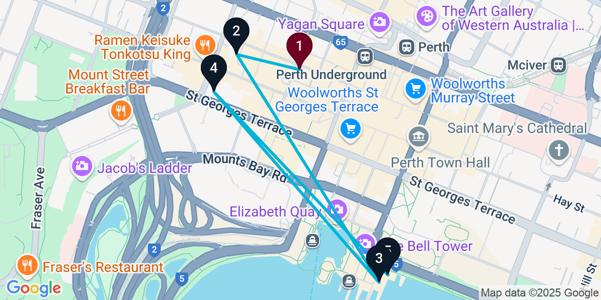 Map for 5-Stop Perth Rooftop Bar Crawl