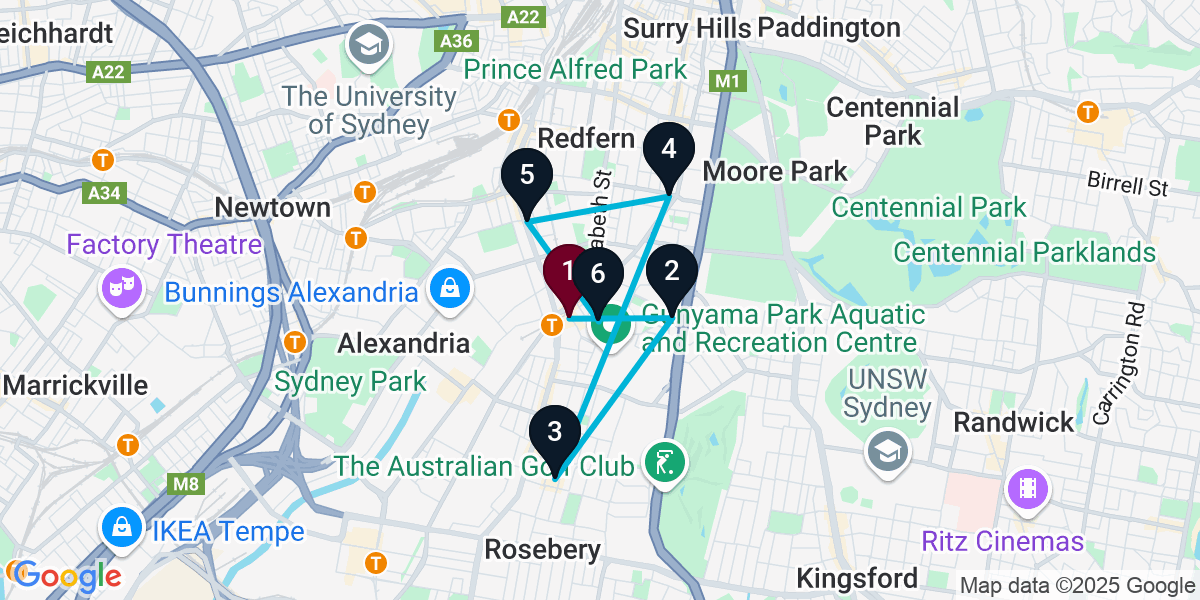 Map for 6-Stop Zetland Wine bar Bar Crawl