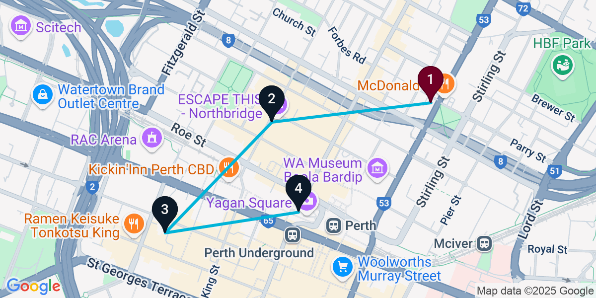 Map for 4-Stop Perth Bar Crawl