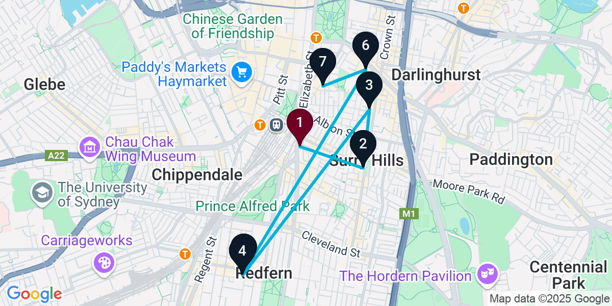 Map for 7-Stop Surry Hills Wine bar Bar Crawl