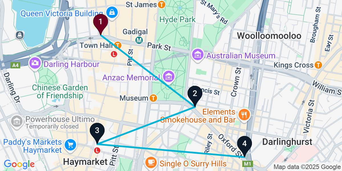 Map for 4-Stop Sydney Nightclub Bar Crawl