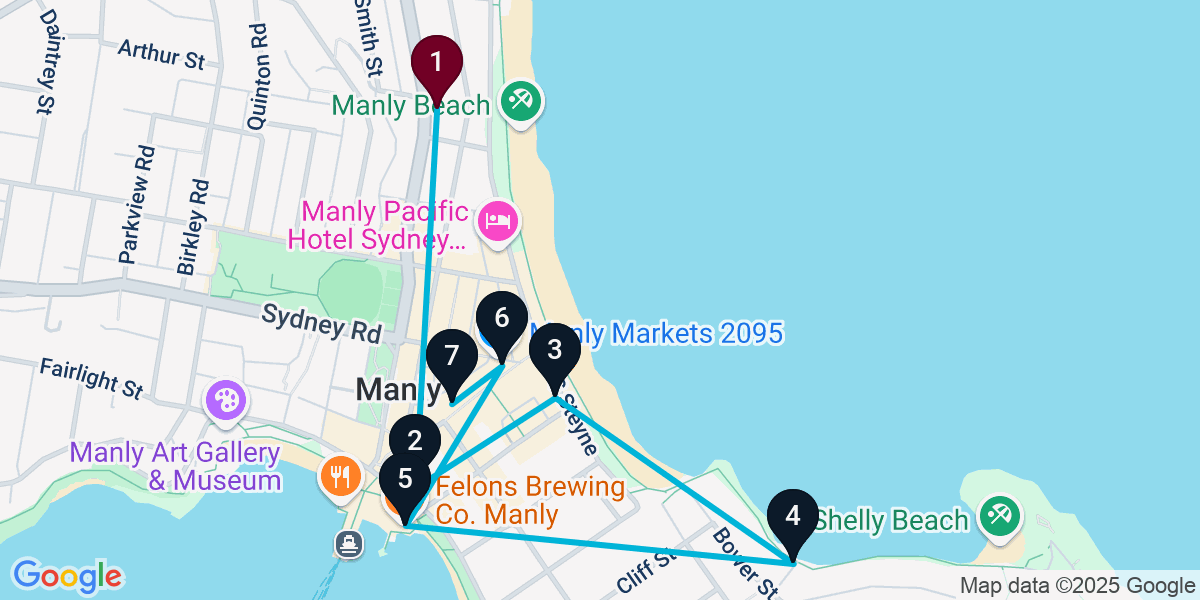 Map for 7-Stop Manly Pub Bar Crawl