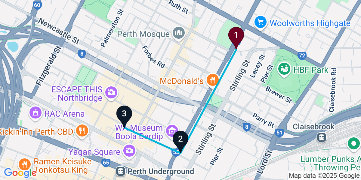 Map for 3-Stop Perth Nightclub Bar Crawl