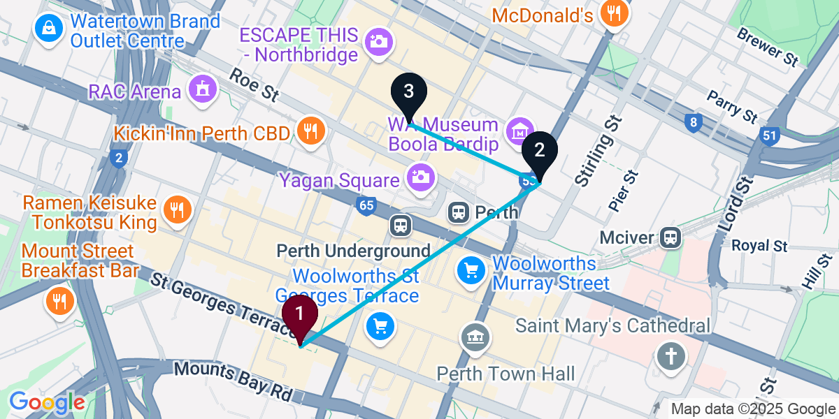 Map for 3-Stop Perth Nightclub Bar Crawl