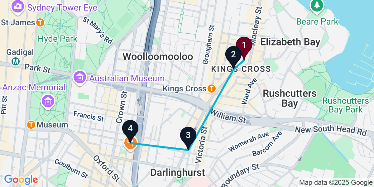 Map for 4-Stop Potts Point Rooftop Bar Crawl