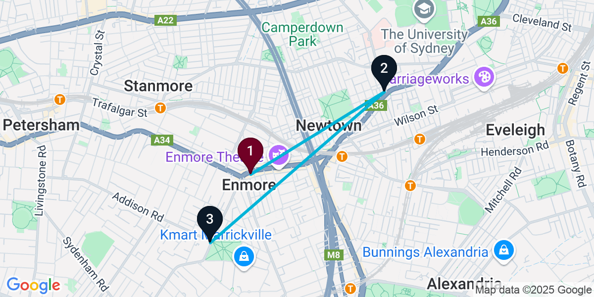 Map for 3-Stop Enmore Live music Bar Crawl