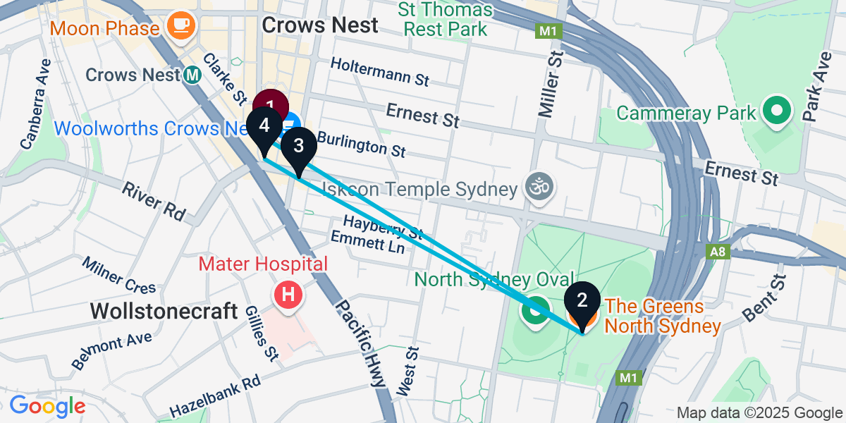 Map for 4-Stop Crows Nest Pub Bar Crawl