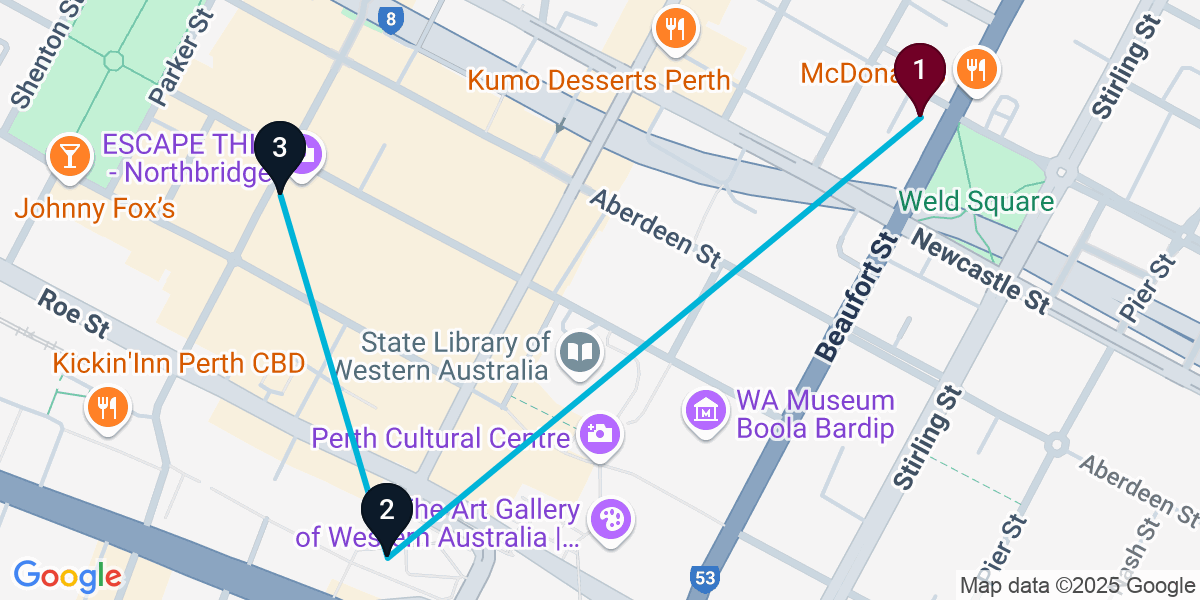 Map for 3-Stop Perth Cocktail Bar Crawl