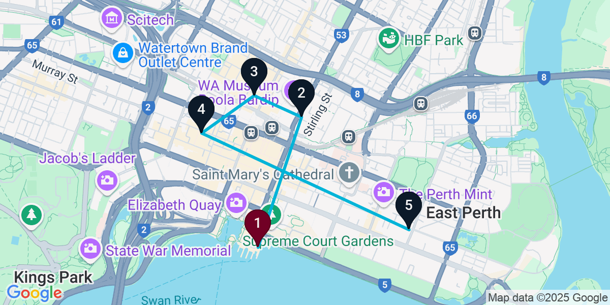 Map for 5-Stop Perth Nightclub Bar Crawl