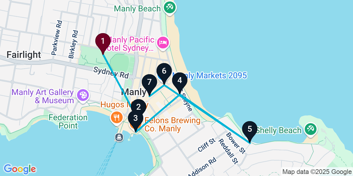 Map for 7-Stop Manly Pub Bar Crawl