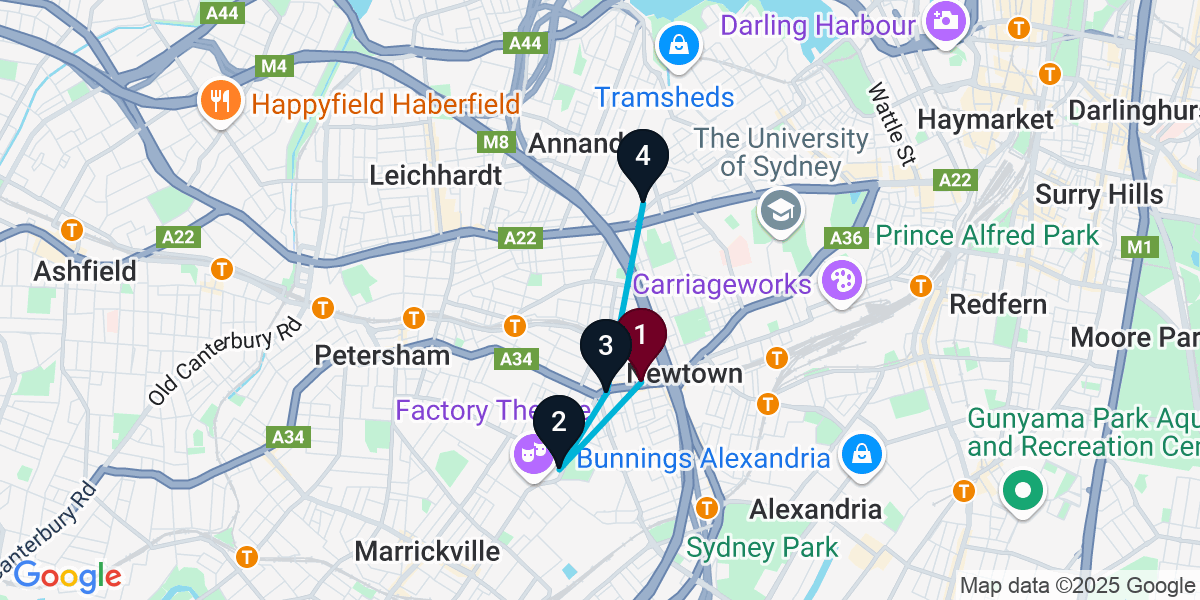 Map for 4-Stop Newtown Brewery Bar Crawl