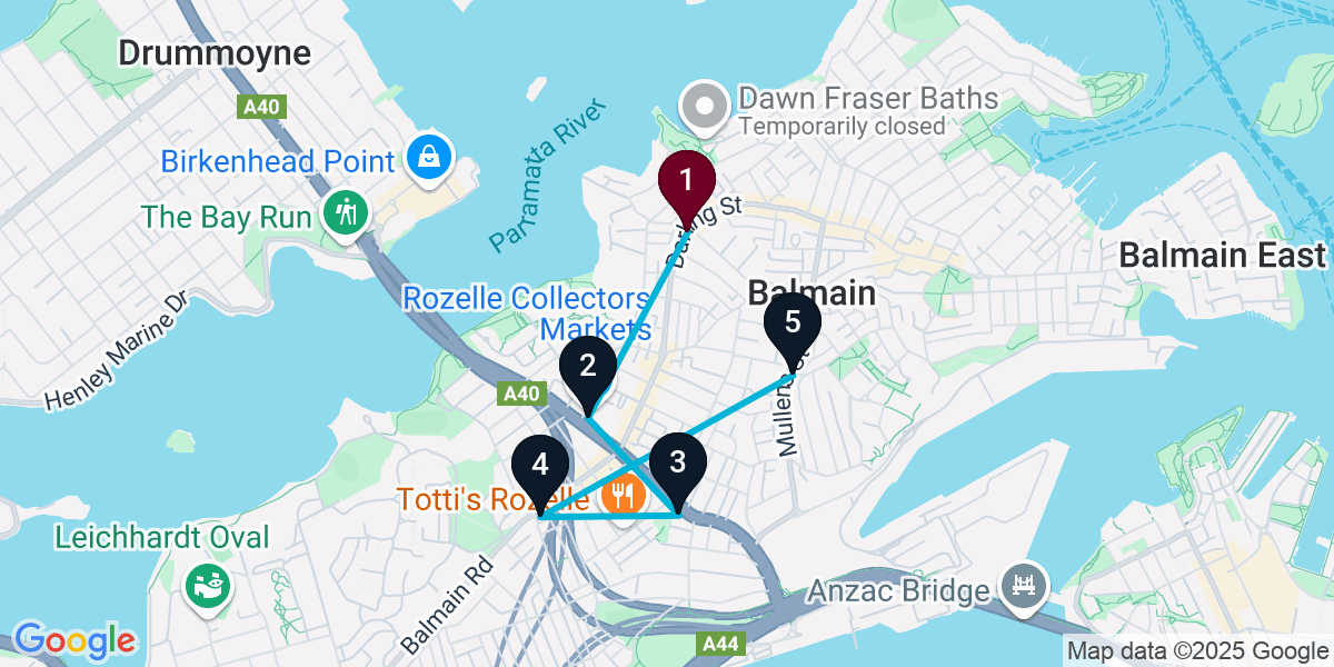 Map for 5-Stop Balmain Live music Bar Crawl