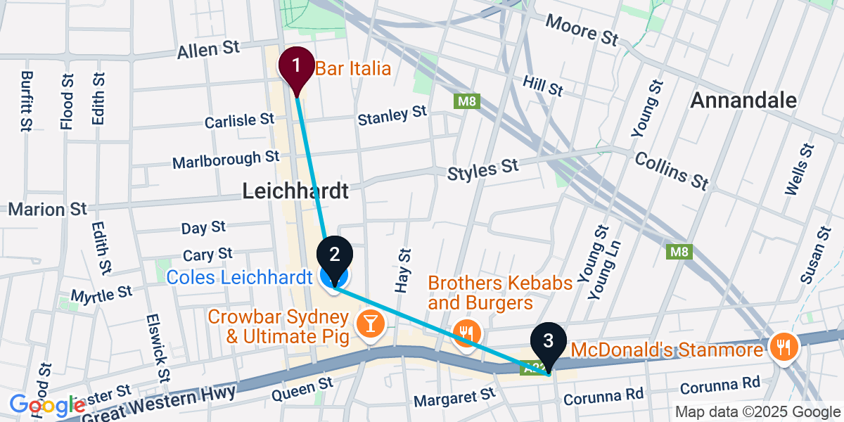 Map for 3-Stop Leichhardt Wine bar Bar Crawl