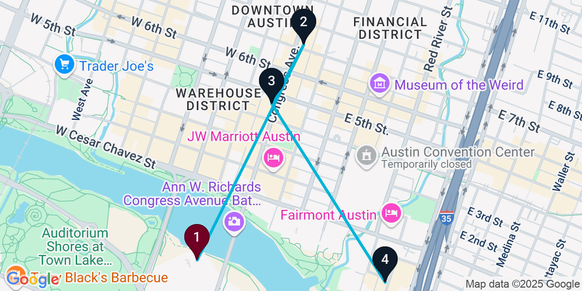 Map for 4-Stop Austin Rooftop Bar Crawl