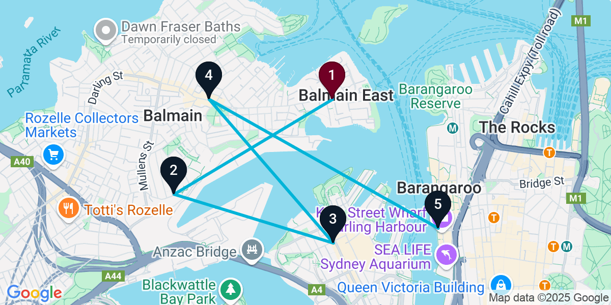 Map for 5-Stop Balmain East Pub Bar Crawl