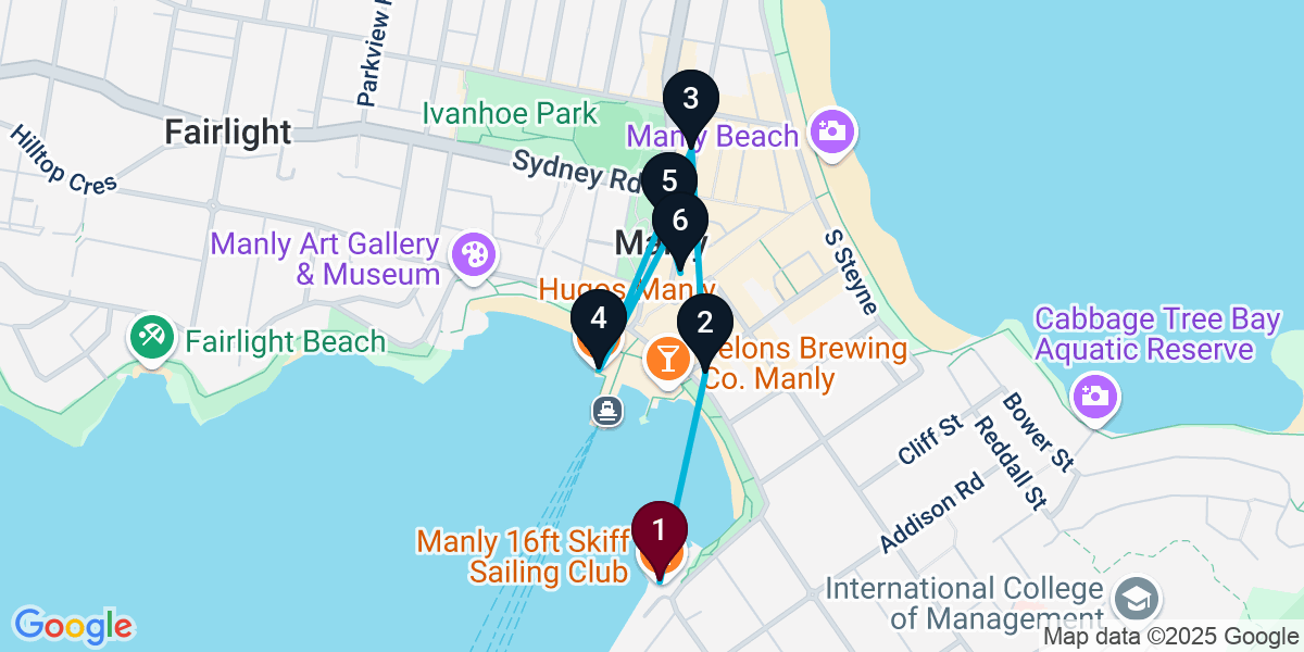 Map for 6-Stop Manly Bar Crawl