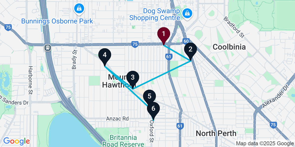 Map for 6-Stop Mount Hawthorn Bar Crawl