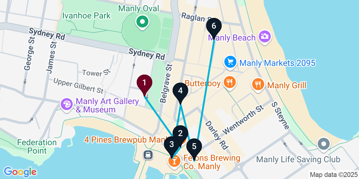Map for 6-Stop Manly Bar Crawl
