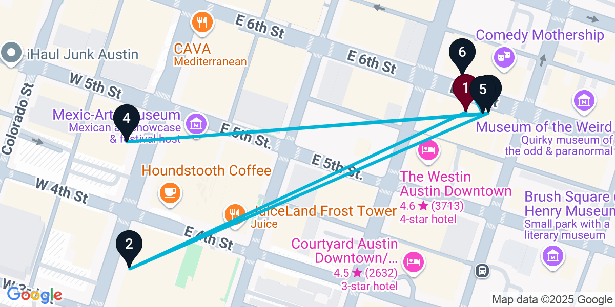 Map for 6-Stop Austin Live music Bar Crawl