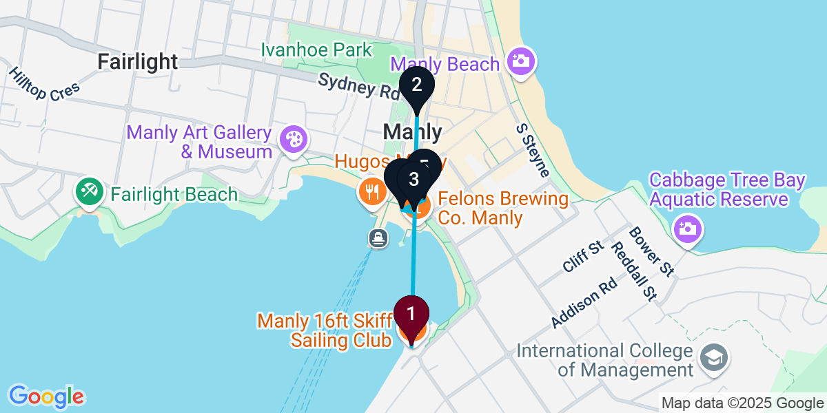 Map for 5-Stop Manly Bar Crawl