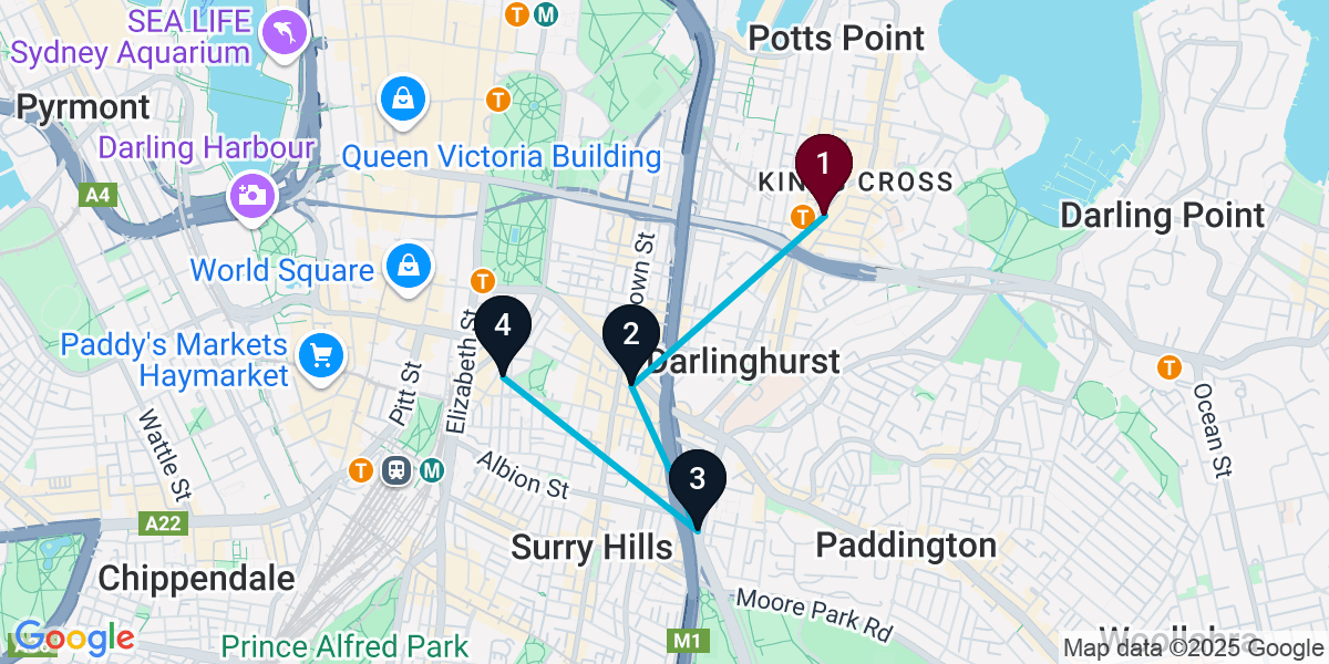Map for 4-Stop Potts Point Brewery Bar Crawl