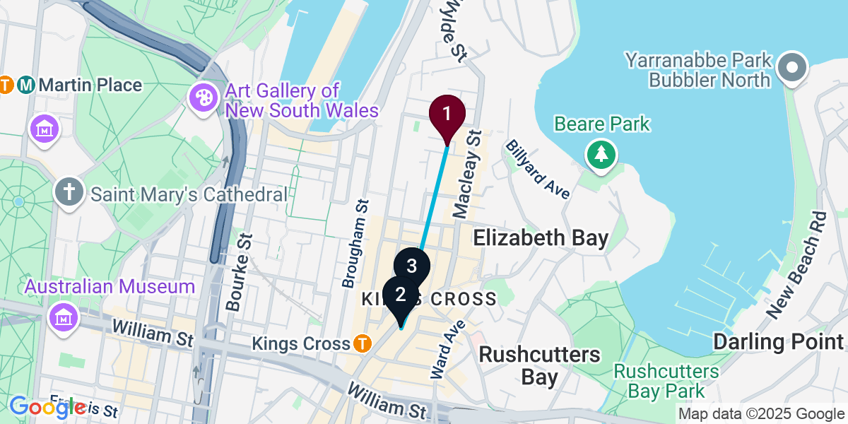 Map for 3-Stop Potts Point Nightclub Bar Crawl