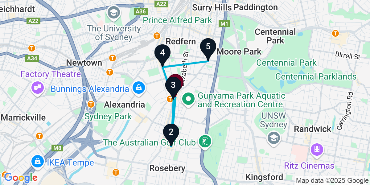 Map for 5-Stop Zetland Cocktail Bar Crawl