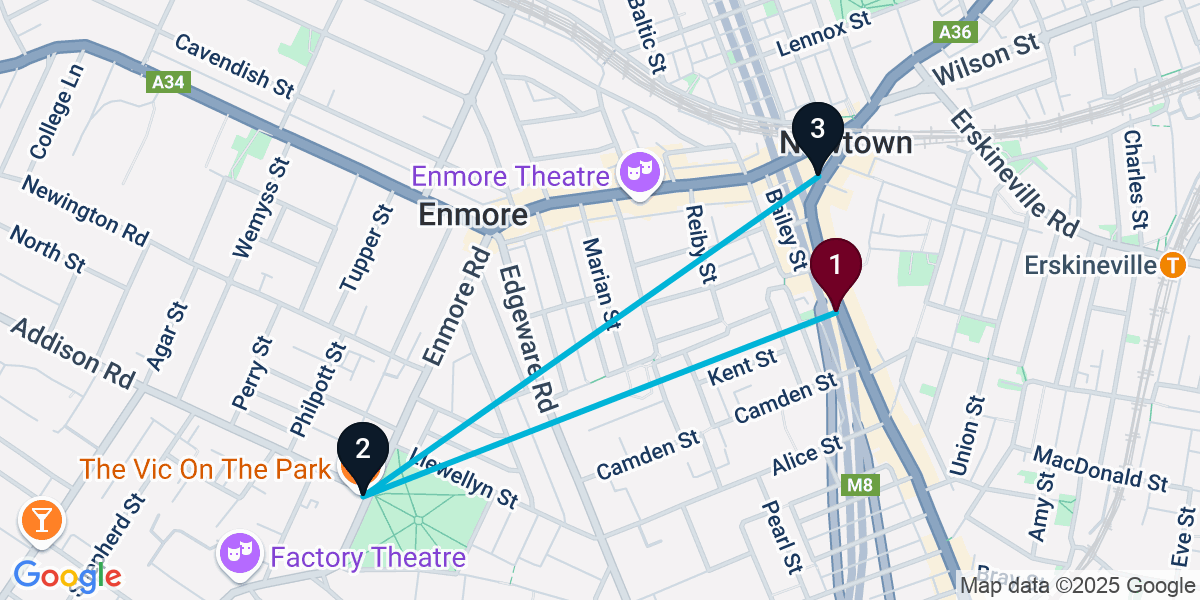 Map for 3-Stop Newtown Live music Bar Crawl