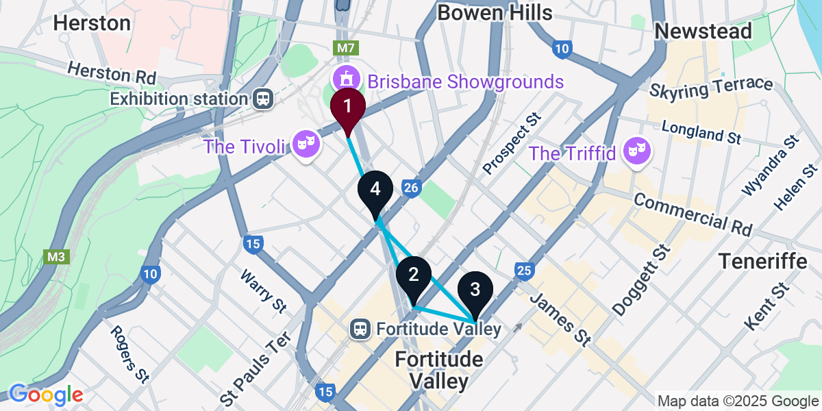 Map for 4-Stop Fortitude Valley Pub Crawl