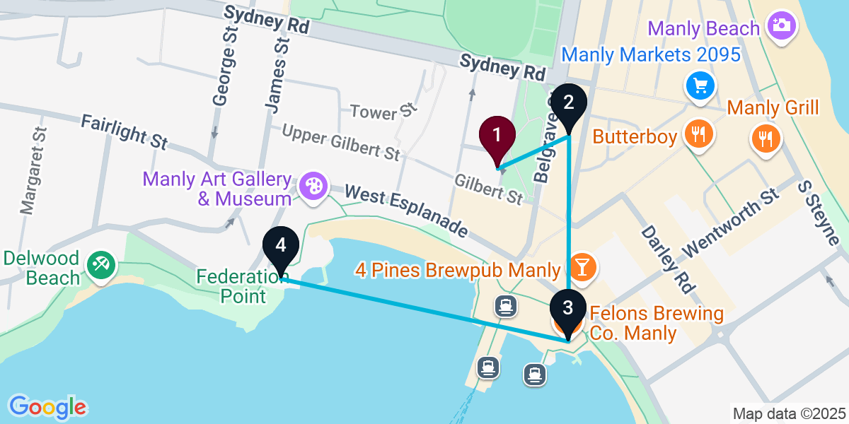 Map for 4-Stop Manly Nightclub Bar Crawl
