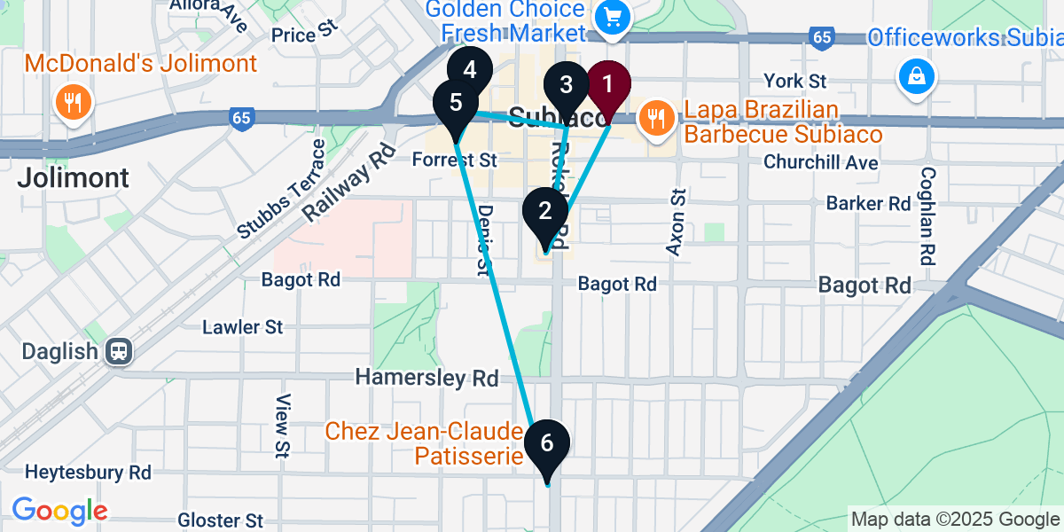 Map for 6-Stop Subiaco Bar Crawl