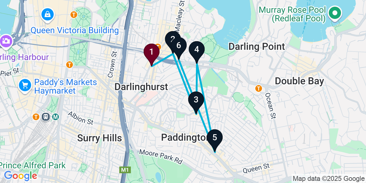 Map for 6-Stop Darlinghurst Wine bar Bar Crawl