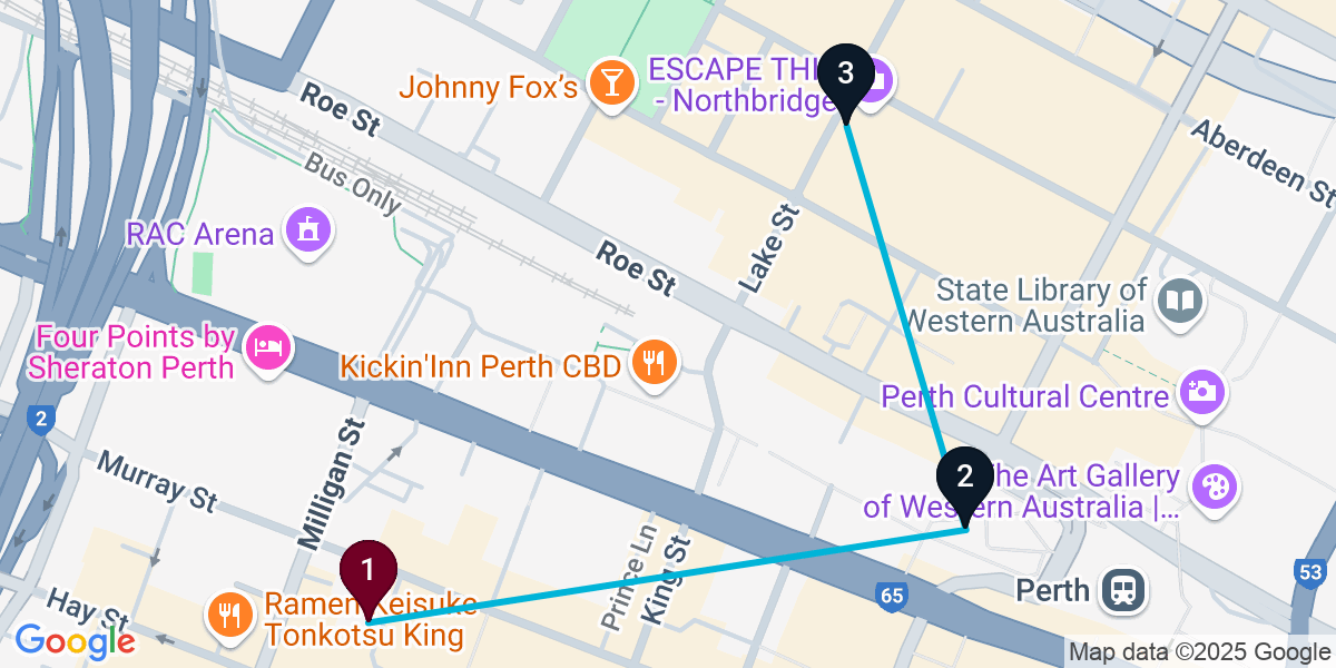Map for 3-Stop Perth Cocktail Bar Crawl