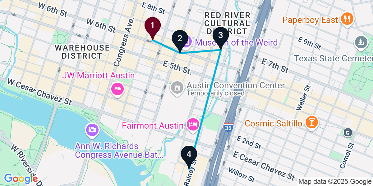 Map for 4-Stop Austin Bar Crawl