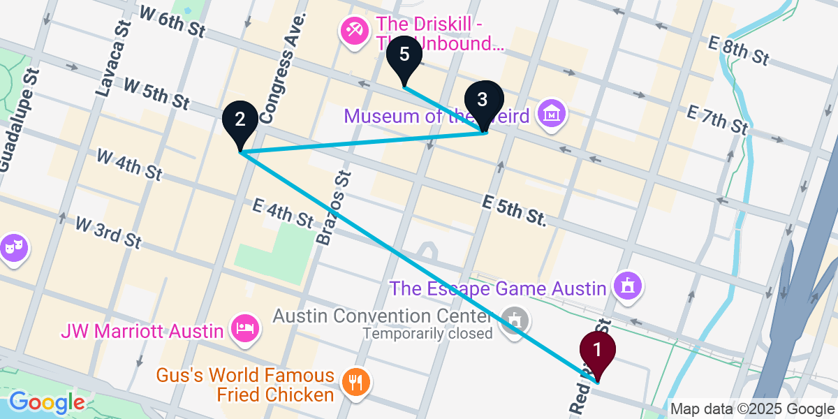 Map for 5-Stop Austin Live music Bar Crawl