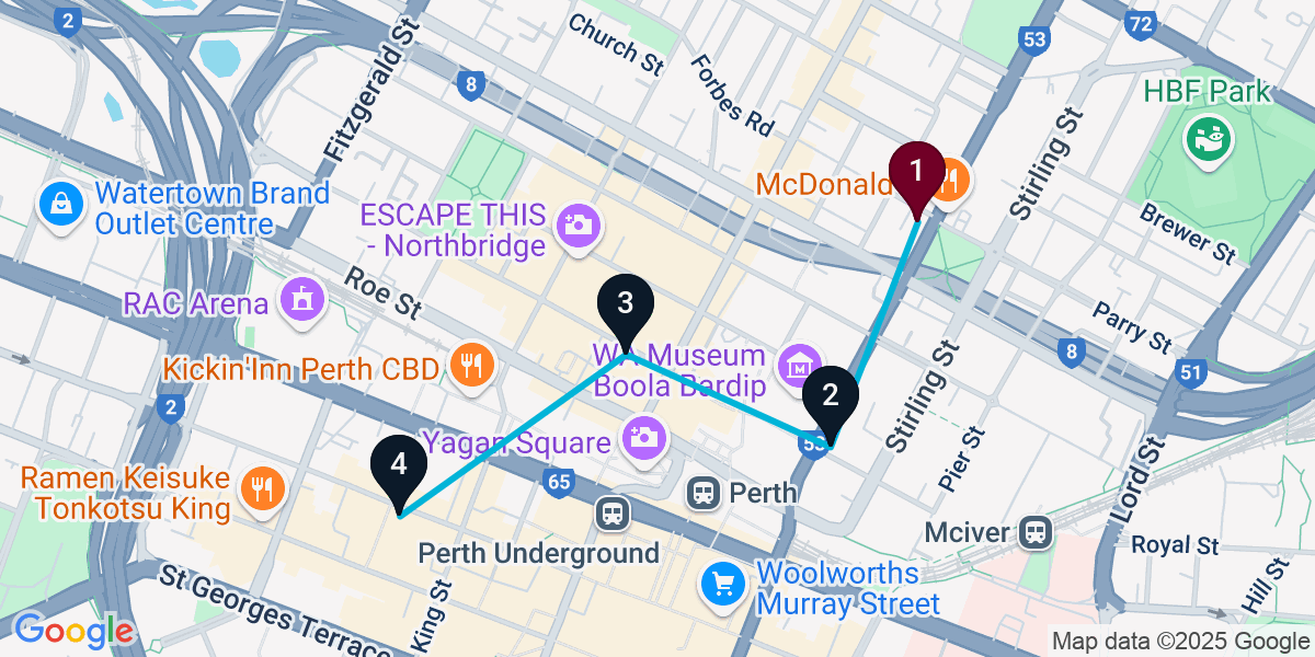 Map for 4-Stop Perth Nightclub Bar Crawl
