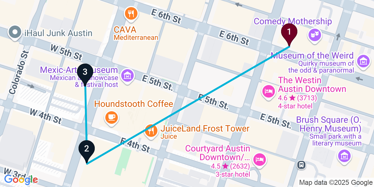 Map for 3-Stop Austin Bar Crawl