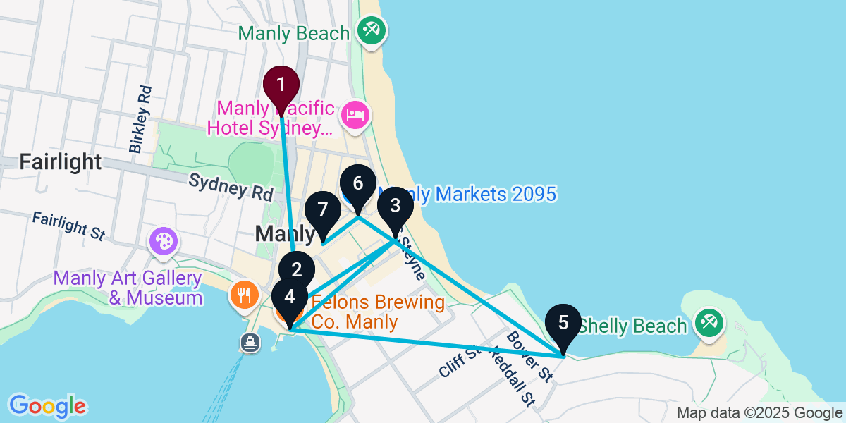 Map for 7-Stop Manly Pub Bar Crawl